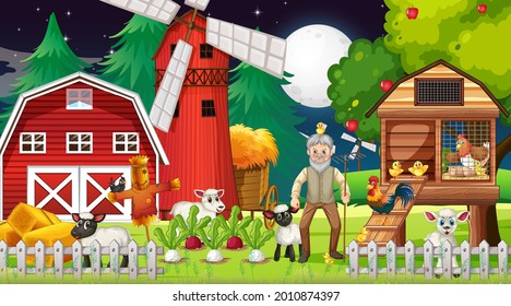 Farm at night scene with old farmer man and farm animals illustration