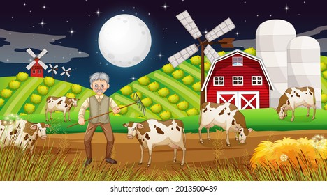 Farm at night scene with old farmer man and farm animals illustration