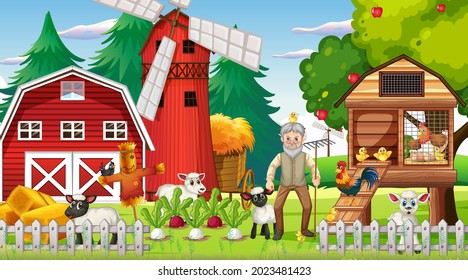 Farm at night scene with old farmer man and farm animals illustration