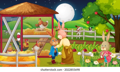 Farm at night scene with rabbit family and farm animals illustration