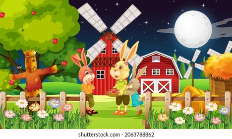 Farm at night scene with rabbit family illustration