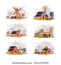 Bauerngut mit Stall, Traktor, Windmühle und Wasserturm Vector Set