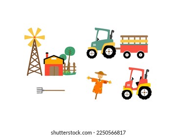 Farm object design.cute farm with  tractor, windmill, bran .Countryside design for kids, book cover, kids clothing, card.