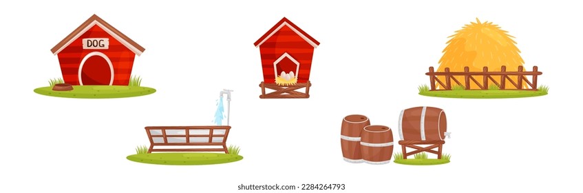 Farm Object with Dog House, Coop, Hay Stack, Water Basin and Wooden Barrel Vector Set