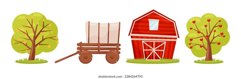 Farm Object with Fruit Tree, Wooden Wagon and Barnhouse Vector Set