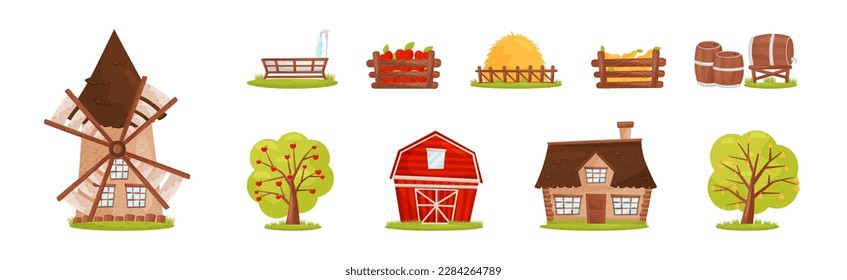 Farm Object with Hay, Flourmill, Fruit in Crate, House, Barrel and Tree Vector Set