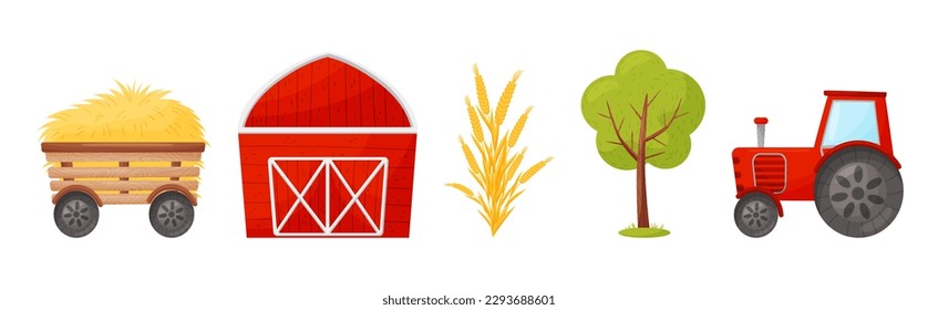 Farm Object with Hay Wagon, Barn, Tree and Tractor Vector Set