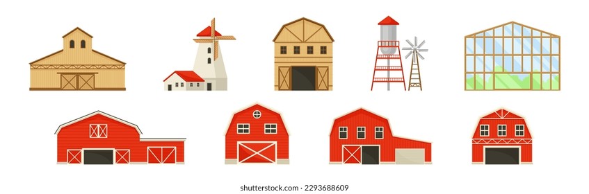 Farm Object with Red Barn, Greenhouse, Water Tower and Windmill Vector Set