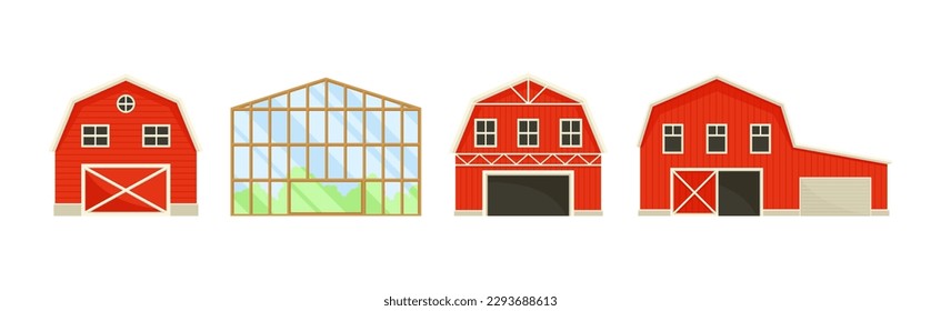 Farm Object with Red Barn House and Greenhouse Vector Set