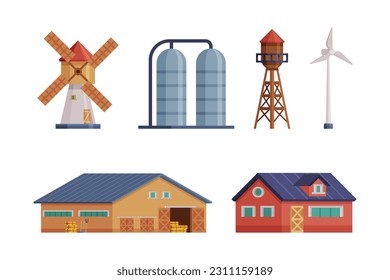 Farm Object with Timbered Red Barn, Windmill and Water Tower Vector Set