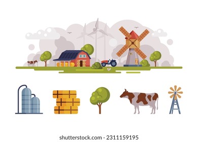 Farm Object with Timbered Red Barn, Hay, Tree, Cow and Windmill Vector Set