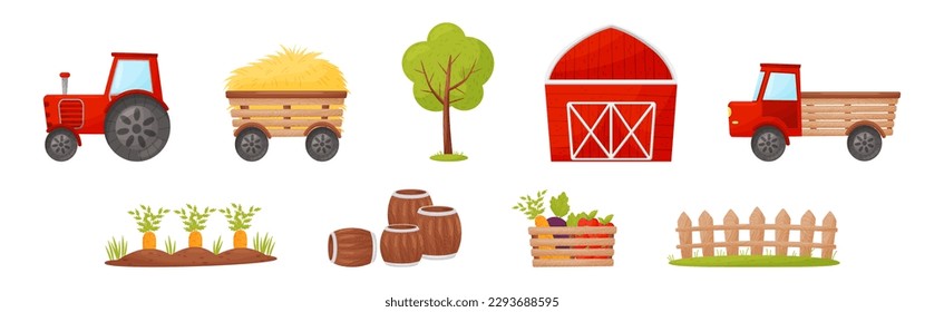 Farm Object with Tractor, Hay, Tree, Barn, Barrel, Crate and Fence Vector Set