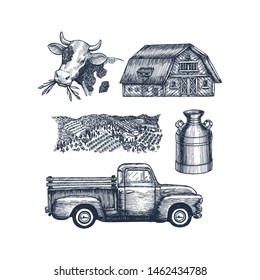 Farm Objects Collection. Cow Farm House Truck Field And Milk Can. Vector Illustration