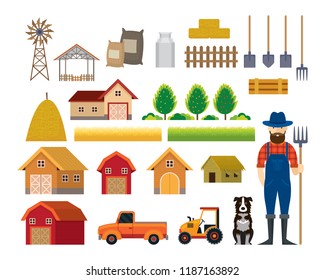 Farm Objects, Farmer with Dog Flat Set, Farming, Agriculture, Cultivate and Farmland