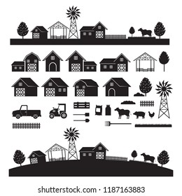 Farm Objects and Landscape, Silhouette Set, Farming, Agriculture, Cultivate and Farmland