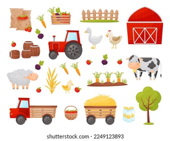 Farm Objects with Livestock, Agricultural Crops, Tractor and Barn House Big Vector Set