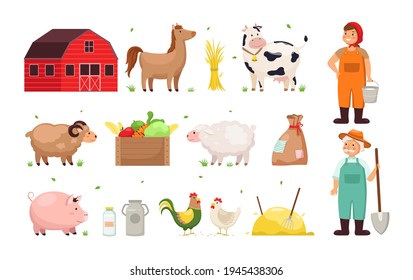 Farm objects. Man and woman farmers, agricultural crops and utensils, funny different domestic animals and birds, vegetables harvest, red wooden shed. Countryside vector cartoon isolated set