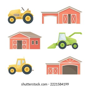 Farm objects set. Red barn, farmhouse, tractor. Farming and agriculture vector illustration