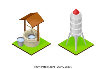 Farm Objects Set. Well And Water Tower Isometric Vector Illustration