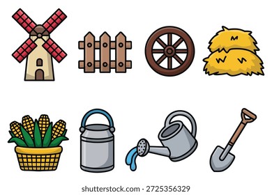 Farm objects windmill fence wheel hay corn basket milk can watering can shovel