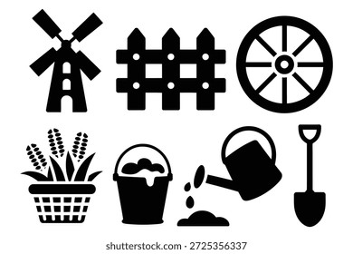Farm objects windmill fence wheel basket watering can shovel