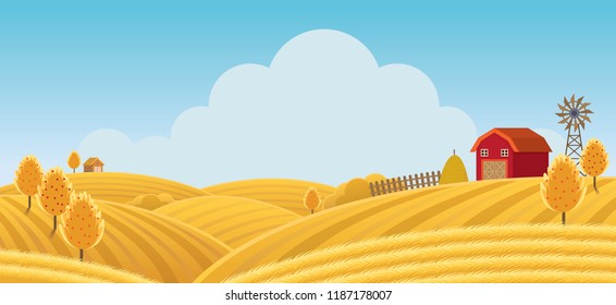 Farm on Hill with Yellow or Gold Field Background, Agriculture, Cultivate, Countryside, Field, Rural