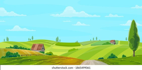 Granja en la naturaleza fondo vectorial rural con campo verde, casas o graneros bajo cielo azul nublado. Agricultura, caricatura campo campo tranquilo paisaje de verano con prados, árboles y valla