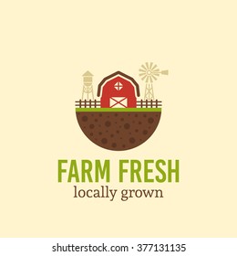 Farm on piece of ground with farm windmill and water tower, vector logo concept template with sample text