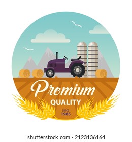 Farm organic agriculture, tractor and hay on field