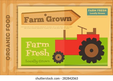 Farm Organic Food Poster on Wooden Background. Retro Placard with Tractor. Vector Illustration.