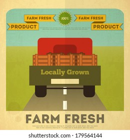 Farm Organic Food Poster. Retro Placard With Delivery Truck On Road. Vector Illustration. Vintage Style.