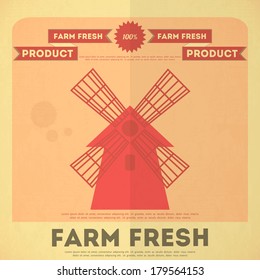 Farm Organic Food Poster. Retro Placard with Mill. Vector Illustration.