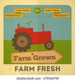 Farm Organic Food Poster. Retro Placard with Tractor. Vector Illustration.