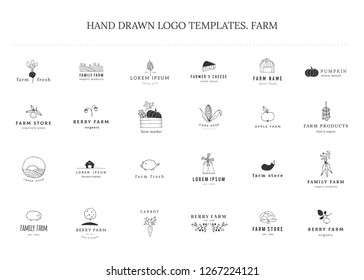 Farm and organic food theme. Set of vector hand drawn minimal logo templates. Isolated symbols for business branding and identity, for farmers markets, fairs, berry farms and grocery stores.