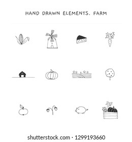 Farm and organic food theme. Set of vector hand drawn logo elements. Isolated symbols for business branding and identity, for farmers markets, fairs, berry farms and grocery stores.