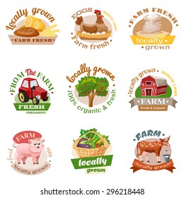 Farm organic fresh and locally grown production symbols and text flat color emblems set isolated vector illustration