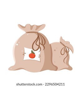 Farm organic fruit and vegetables in reusable textile sacks. Eco friendly shopping. Sustainability and Ecology concept. Cartoon vector illustration.