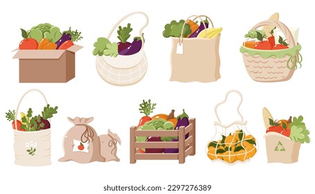 Farm organic fruit, vegetables in reusable paper packages, textile bag, basket, wooden box. Eco friendly shopping. Reduce and recycle. Sustainability. Colourful cartoon vector illustration. Veganuary