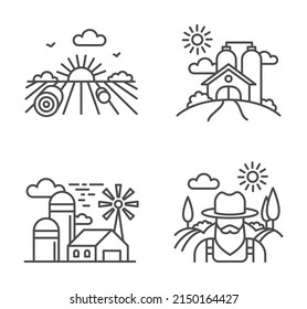 Farm Organic Product Line Label, Land Barn And Windmill. Farm Logo Natural, Label Line Agriculture Template, Farming Outline Emblem. Vector Illustration