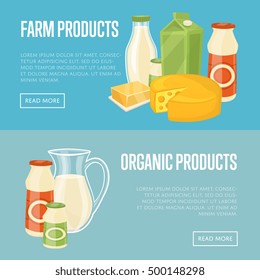 Farm and organic products horizontal website templates with different dairy composition isolated on blue background, vector illustration. Natural healthy food. Organic farmers products concept