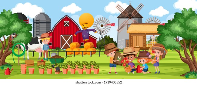 Farm outdoor scene with many children illustration