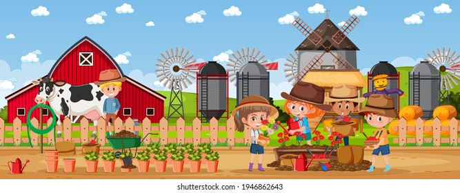 Farm outdoor scene with many children illustration
