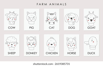 Farm outline animals set isolated, cute farm animals, kids cartoon collection, cards