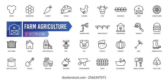 FARM - Outline Icon Collection. Thin Line Set contains such Icons as Apiary, Beekeeping, Carrot, Cheese, Chicken, Cow, Eggs Box and more. Simple web icons set.