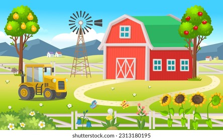 Panorama agrícola con granero, casas, molinos, campos, árboles y tractor. Gran escena para los niños. Ilustración vectorial al estilo de las caricaturas.  