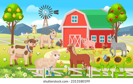 Farm panorama with a  barn, houses, mills, fields, trees and farm animals.Big scene with farm animals for kids.Vector illustration in cartoon style.  