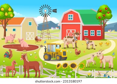 Panorama agrícola con granero, tractor, casas, molinos, campos, árboles y animales de granja. Gran escena con animales de granja para niños. Ilustración vectorial al estilo de las caricaturas.  