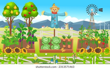 Farm panorama with garden with vegetables on the beds,
 mills, fields, trees, windmill, scarecrow.  Big scene for kids.Vector illustration in cartoon style.  