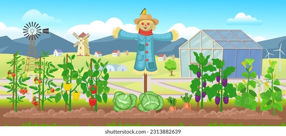 Farm panorama with garden with vegetables on the beds,
 mills, fields, trees, windmill, scarecrow.  Big scene for kids.Vector illustration in cartoon style.  