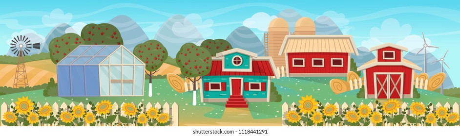 Farm panorama with a greenhouse,  barn, houses, mills, fields and trees. Vector illustration in flat cartoon style.